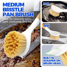 3 Pack Dish Brush Set with Bamboo Handle, Kitchen Brushes for Cleaning Pot, Sink and Stove