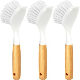3 Pack Dish Brush Set with Bamboo Handle, Kitchen Cleaner for Cleaning Pasta Plate, Salad Bowl, Scrubber with Soft Bristles, Blanco