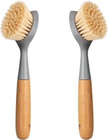 2 Pack Kitchen Dish Brush Bamboo Handle Dish Scrubber Built-in Scraper, Scrub Brush for Pans, Pots, Kitchen Sink Cleaning (Color: gray)